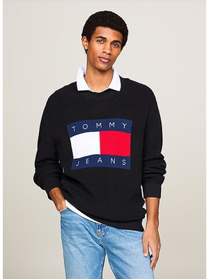 Tommy Jeans Bisiklet Yaka Regular Fit Baskılı Siyah Erkek Kazak DM0DM19186BDS Reg Dna Flag Sweater