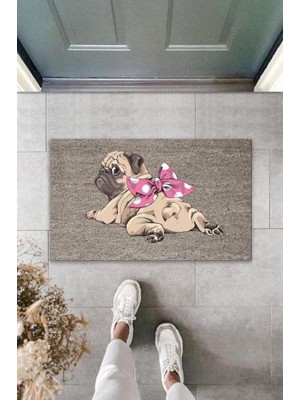 BD Digital Dijital Baskı Gri Pembe Fiyonklu Yüzüstü Yatan Köpek Dekoratif Kapı Paspası K-2037