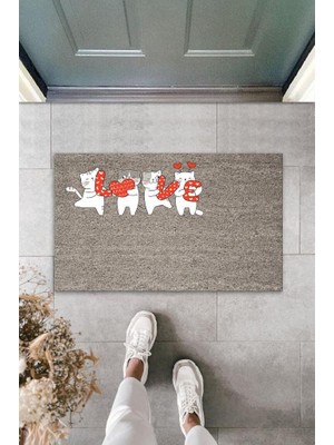 BD Digital Dijital Baskı Gri Love Harflerini Tutan Beyaz Kediler Dekoratif Kapı Paspası K-2067