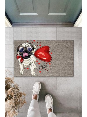 BD Digital Dijital Baskı Gri Ağzında Kalpli Balon Tutan Gözlüklü Köpek Dekoratif Kapı Paspası K-2079