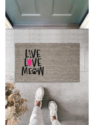 BD Digital Dijital Baskı Gri Pembe Kalpli Kılçıklı Love Meow Dekoratif Kapı Paspası K-2047