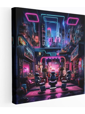 Painted Anarchy Fütüristik Barber Şehir Manzarası Kanvas Tablo - Berber, Kanvas Tablo, Neon Işıklı Şehir Manzarası, Kanvas Tablo, 30X30