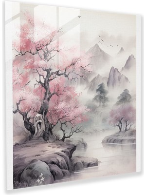 Painted Anarchy Kiraz Çiçeği Serenity Cam Baskı - Geleneksel Çin Mürekkebi Cam Duvar Sanatı - Ev Dekorasyonu - Modern Sanat Eseri, 30X30