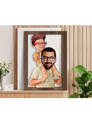 Bk Gift Kişiye Özel Baba Oğul Karikatürlü 3D Ahşap Tablo-20, Babaya Hediye, Karikatürlü Tablo