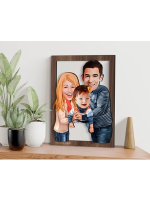 Bk Gift Kişiye Özel Aile Karikatürlü 3D Ahşap Tablo-2, Aileye Hediye, Babaya Hediye, Anneye Hediye