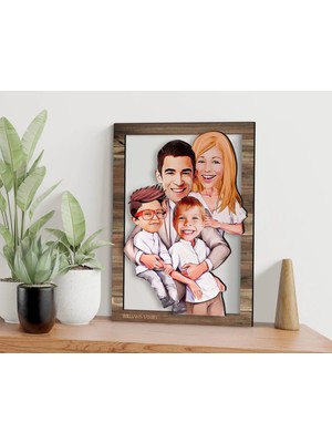 Bk Gift Kişiye Özel Aile Karikatürlü 3D Ahşap Tablo-1, Aileye Hediye, Babaya Hediye, Anneye Hediye