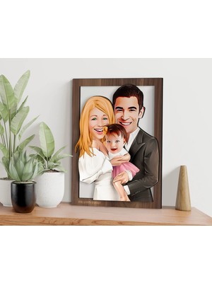Bk Gift Kişiye Özel Aile Karikatürlü 3D Ahşap Tablo-3, Aileye Hediye, Babaya Hediye, Anneye Hediye