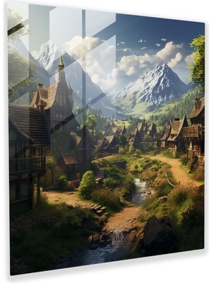 Painted Anarchy Dağ Köyü Cam Baskı - Köy, Ev Dekorasyonu, Huzurlu, Cam Sanatı, 30X30