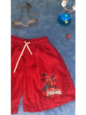Milays Kids Erkek Çocuk Spiderman Desenli Içi Ağ Fileli Bağcıklı Deniz Şortu Kırmızı