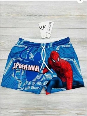 Milays Kids Erkek Çocuk Spiderman Desenli Içi Ağ File Astarlı Bağcıklı Deniz Şortu Mavi