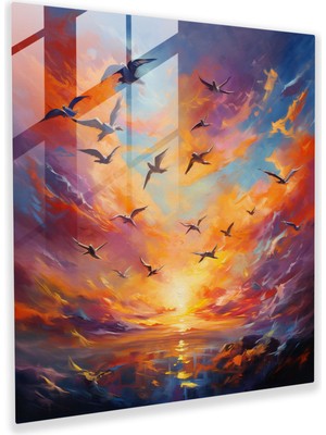Painted Anarchy Büyüleyici Cam Baskılar - Gün Batımı Ufku Üzerinde Uçan Kuşlar - Ev Dekorasyonu ve Duvar Dekoru Için Çağdaş Cam Duvar Sanatı - Modern Sanat Eseri, 40X40