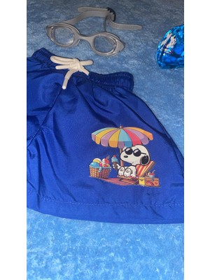 Milays Kids Erkek Çocuk Snoopy Baskılı Içi Ağ File Astarlı Bağcıklı Deniz Şortu Mavi