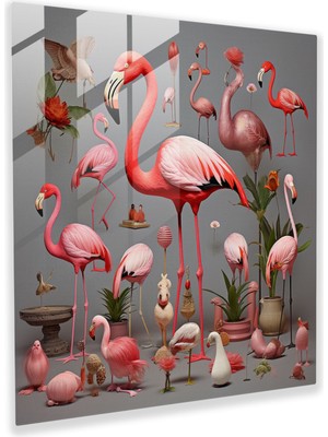 Painted Anarchy Kaprisli Flamingo Kolajı Cam Baskı - Flamingo, Cam Sanatı, Kaprisli Kolaj, Modern Sanat, 30X30