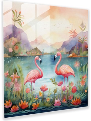 Painted Anarchy Kaprisli Flamingo Cenneti Cam Baskı - Flamingo, Cam Duvar Sanatı, Fantastik Manzara, Cam Sanatı, 30X30