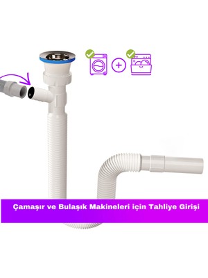 Güçlü Çamaşır Makinesi Girişli Körüklü Lavabo Sifonu