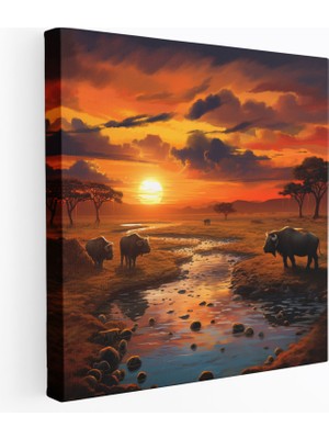 Painted Anarchy Buffalo Kanvas Tablo - Huzurlu Gün Batımı Manzarası - Buffalo, Gün Batımı, Duvar Sanatı, Ev Dekorasyonu, 30X30