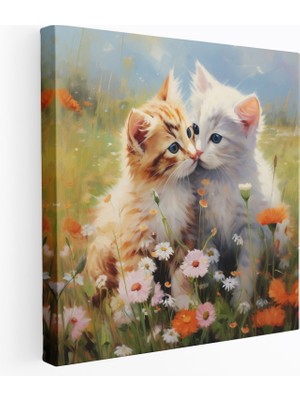 Painted Anarchy Öpücük Kanvas Tablo - Öpücük, Canlı Çayır, Sevimli Kedi Yavruları, Duvar Dekorasyonu, 30X30