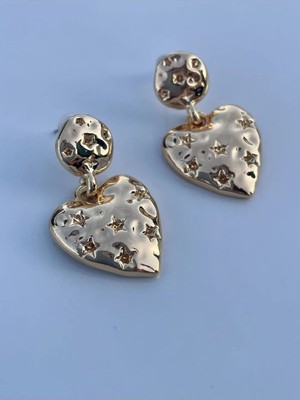 Meleny Gold Renk Puffy Yıldızlı Tasarım Heart Küpe