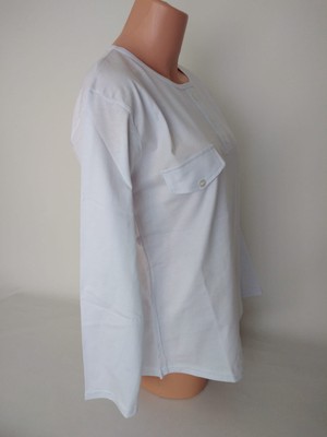 Yaşar Triko Kadın Beyaz Uzun Kollu Bisiklet Yaka Patlı Süs Cepli Düğmeli Oval Etek  Pamuk Penye