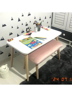 E-Koc Wood Design Lilyum Çoçuk Montessori Çalışma Masası 1 Adet Puf Etkinlik Masası Aktivite Masa Takımı