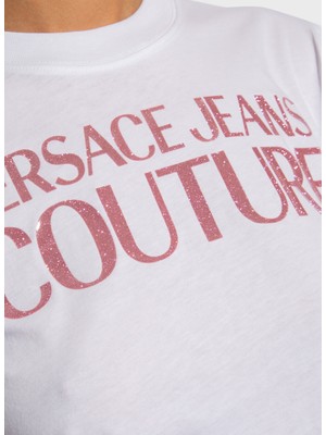 Versace Jeans Couture Yuvarlak Yaka Baskılı Beyaz Kadın T-Shirt 76HAHG03