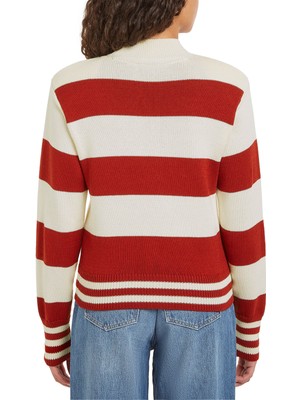 Tommy Hilfiger Dik Yaka Standart Çizgili Kırmızı Kazak Kadın Rugby Stp Mock-Nk Sweater