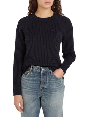 Tommy Hilfiger Yuvarlak Yaka Standart Nakışlı Lacivert Kazak Kadın Co Cable C-Nk Sweater