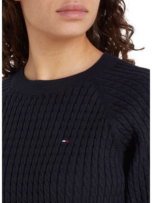 Tommy Hilfiger Yuvarlak Yaka Standart Nakışlı Lacivert Kazak Kadın Co Cable C-Nk Sweater