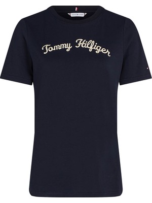 Tommy Hilfiger Yuvarlak Yaka Nakışlı Lacivert Kadın T-Shirt Reg Scrıpt C-Nk Ss