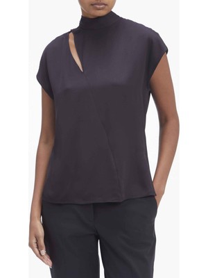 Calvin Klein Dik Yaka Düz Siyah Kadın Bluz Shıne Vıscose Mock Neck Blouse