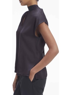 Calvin Klein Dik Yaka Düz Siyah Kadın Bluz Shıne Vıscose Mock Neck Blouse