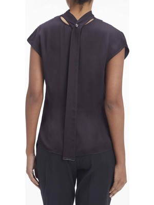 Calvin Klein Dik Yaka Düz Siyah Kadın Bluz Shıne Vıscose Mock Neck Blouse