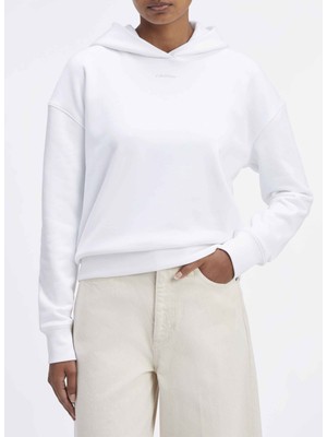 Calvin Klein Kapüşon Yaka Baskılı Beyaz Kadın Sweatshırt Nano Logo Relaxed Hoodıe