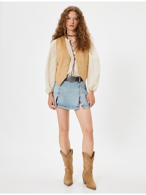 Koton Mini Kot Şort Etek Yırtmaç Detaylı Slim Fit Dikiş Detaylı