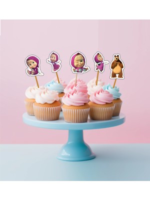 Hiras Dizayn 20 Adet Maşa ve Koca Ayı Cupcake Kürdani 5cm Cupcake Pasta Süsü Kurabiye Doğum Günü Süsü Pasta Süsü