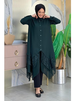 Bym Fashion Dantel Ve Şifon Detaylı Asimetrik Kesim Tunik 2758 Zümrüt