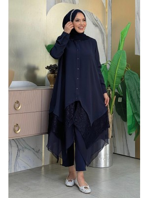 Bym Fashion Dantel Ve Şifon Detaylı Asimetrik Kesim Tunik 2758 Lacivert