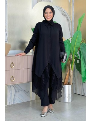 Bym Fashion Dantel Ve Şifon Detaylı Asimetrik Kesim Tunik 2758 Siyah