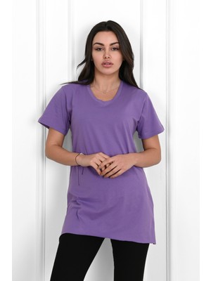 Koza Kadın V Yaka Yırtmaçlı  T-Shirt 8783-22