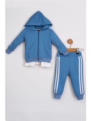 Mai Perla Yandan Çizgili Kanguru Cepli Fermuarlı Sports Wear 2 Li Bebek Takım Mavi