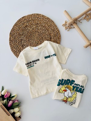 Miniğimin Cicileri Surf Year Arka ve Ön Baskılı Unisex Tşört - Bej