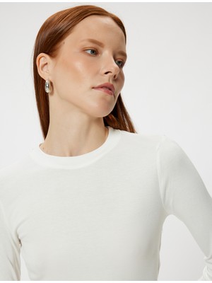 Koton Uzun Kollu Crop Basic Tişört Yuvarlak Yaka Viskon Kumaş