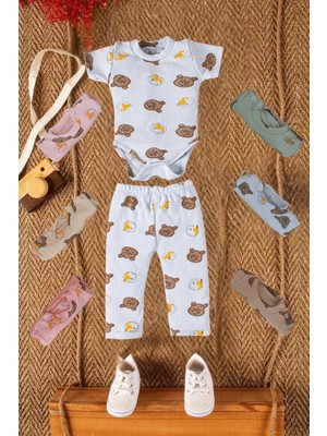 Mai Perla Ayıcık Desenli Çıtçıtlı 2'li Bebek Takım Mavi