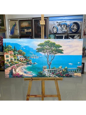 Karahan Çerçeve Küçük Kumsal ve Balkondaki Çiçekler Doku Jelli Manzara Kanvas Tablo