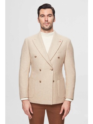 D'S Damat Slim Fit Bej Örme Çift Yırtmaçlı Yünlü Kruvaze Kumaş Ceket 3HF04IR135881