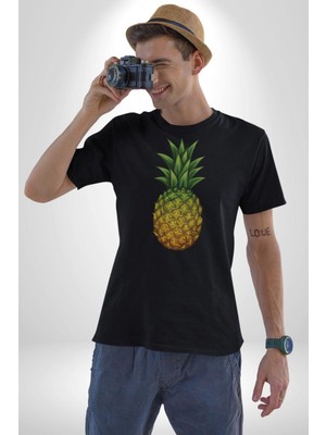 Narnuga Ananas Meyve Kadın Erkek Unisex Siyah Organik Baskılı T-Shirt Penye Yüksek Kalite