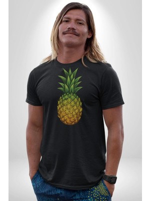 Narnuga Ananas Meyve Kadın Erkek Unisex Siyah Organik Baskılı T-Shirt Penye Yüksek Kalite