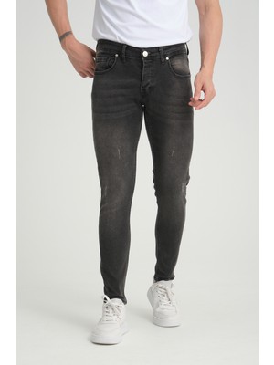 OneZero Erkek Skinny Fit  Füme Düğmeli Destroy Tırnaklı Jean