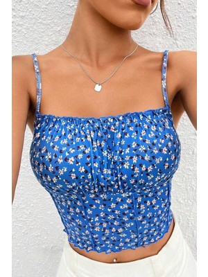Bella Notte Kadın Mavi Baskılı Göğüs Detaylı Crop Bluz