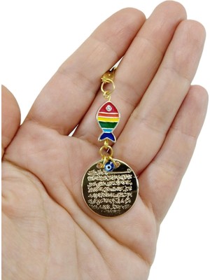 Biuti Metal Ayetel Kürsi Araba Dikiz Ayna Süsü Rengarenk Balık Boncuklu Lüks Hediyelik Gold Renkli